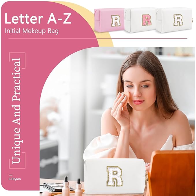 Small Personalized Initial A-Z Preppy Patch Makeup Bag,White PU Chenille Letter Travel Cosmetic Pouch with Zipper,Cute Toiletry Bag,Gift Ideal for Teen Girls Women Teacher Bridesmaid,Letter R