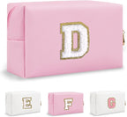 Personalized Chenille Letter Preppy Makeup Bag, Mini Cute Pink Travel Cosmetic Bag Initial Toiletry Zipper Pouch Makeup Storage, Waterproof Makeup Case Travel Essentials for Women Female (Letter D)