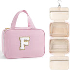TOPEAST Gifts for Friends - Friendship Gifts for Women, Travel Toiletry Bag for Women, Hanging Toiletry Bag, Monogrammed Initial Toiletry Pouch Makeup Bag - Letter F, Pink
