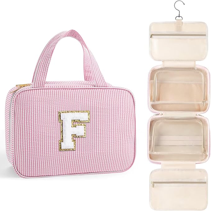 TOPEAST Gifts for Friends - Friendship Gifts for Women, Travel Toiletry Bag for Women, Hanging Toiletry Bag, Monogrammed Initial Toiletry Pouch Makeup Bag - Letter F, Pink