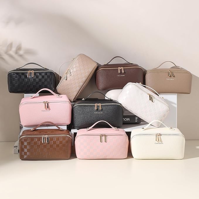 Makeup Bag, Travel Toiletry Bag for Women, Large Capacity Waterproof PU Leather Cosmetic Bags Make Up Organizer Bags with Headband and Wristband Set (Black, Lychee Pattern)