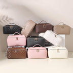 Travel Makeup Bag Travel Toiletry Bag Waterproof PU Leather Checkered Makeup Organizer Bag Woman Cosmetic Organizer Bag With Headband and Wristband Set(Black, Checkerboard pattern)