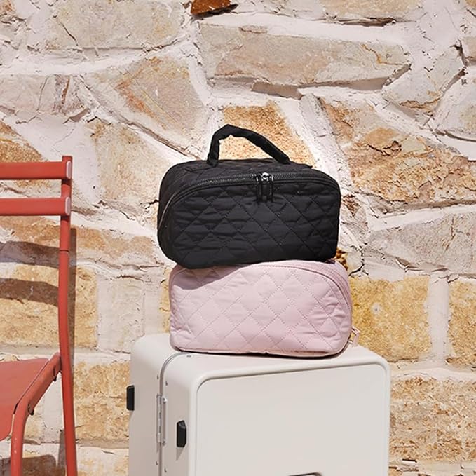 Petition Makeup Bag, 180° Open Lay-Flat Cosmetic Case, Large Capacity Compartment Makeup Bag, Lightweight, Soft and Fashion for Bottles & Brushes (Pink)