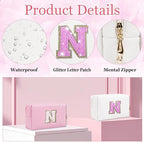 Glitter Initial Letter Makeup Bag, Small Personalized Sequins Letters PU Leather Cosmetic Bag Portable Waterproof Makeup Zipper Pouch, Shine Handbag Organizer Travel Bag Gifts for Women&Girls(White-N)