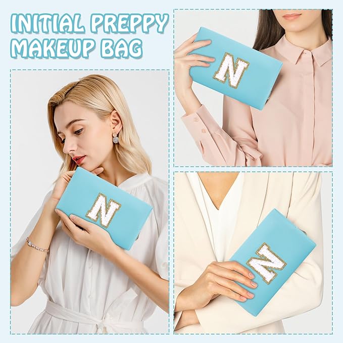 Chenille Letter Personalized Initial Preppy Makeup Bag, Small Cute Blue Cosmetic Zipper Pouch Travel Toiletry Bags, Waterproof PU Monogram Make Up Organizer Gifts for Nurse Nieces Teacher(Letter N)