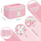 OCHEAL Makeup Bag for Women, Monogram Cosmetic Bag with Brush Holder, Pink Travel Makeup Case Beauty Toiletry Bag Organizer Personalized Gifts for Girls Bridesmaid, Sister, Wife, Friends Initial K