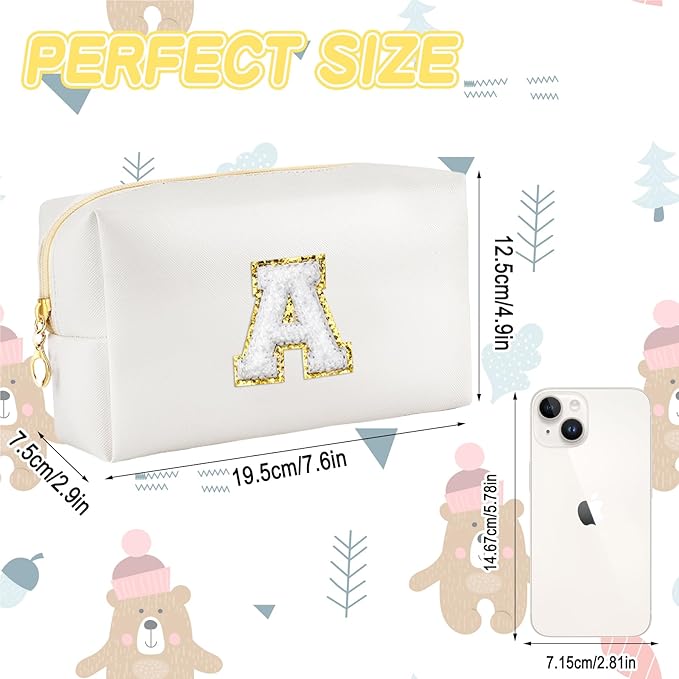 Gifts for Girls Initial Makeup Bag Personalized Cosmetic Bag with Zipper Cute Travel Toiletry Bags Waterproof PU Preppy Makeup Pouch Birthday Gift for Teen Girls Women(White A)