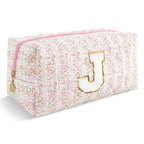 Personalized Quilted Cosmetic Bag, Puffy Monogrammed Christmas Birthday Gifts for Women & Girls, Cute initial Floral Makeup Bag Puffer Coquette Bag, Aesthetic Travel Toiletry Zipper Pouch(Pink,J)