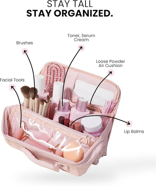 APT 1101 Standing Makeup Bag, Travel Makeup Organizer with Magnetic Fold-Down Design, Portable makeup Case with Compartments for Brushes & Tools (Light Pink)