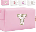 Small Personalized Glitter Initial Letter Makeup Bag, Cute PU Leather Chenille Letters Cosmetic Bag Travel Makeup Pouch, Preppy Travel Organizer Zipper Pouch for Women&Girls（Pink-Y）