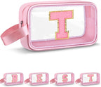 Initial Makeup Bag,Letter T Cute Clear Monogrammed Cosmetic Travel Bag for Womens Girls,Personalized Pink Aesthetic Traveling Make Up Organizer Bag for Beach,Waterproof Toiletry Bag
