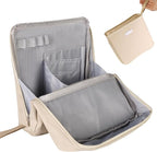 Large Capacity Standing Makeup Bag for Travel, Foldable Hanging Toiletry Organizer with 3 Storage Layers & 8 Inner Pockets, Portable Cosmetic Case for Women (Beige)