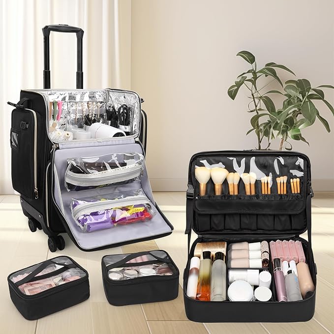 OCHEAL Hairstylist Traveling Case with a Large Makeup Travel Case for Hairstylist, Hairdresser Bag with Detachable Pouch,360° Rotatable Wheelsfor Hairdressing Tool Organizer