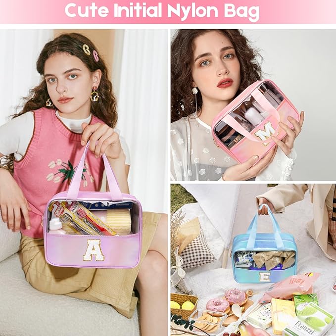 Personalized Initial Clear Makeup Bag Pink Cosmetic Bag Set Large Travel Toiletry Bag, Cute Clear Make Up Bags Organizer Bag for Girlfriend Teacher Gifts Teen Girl Gifts Trendy Stuff M (Pink)