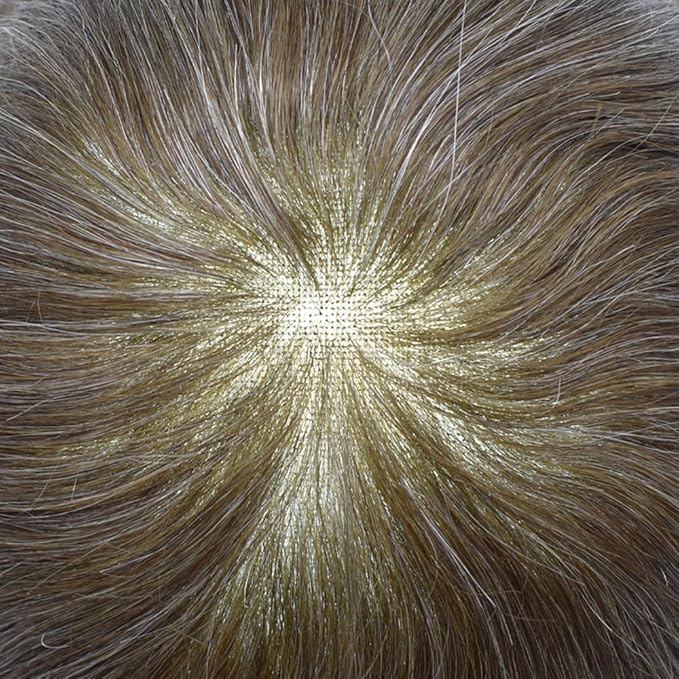 Mens Toupee Human Hair Piece French Lace Toupee for Man Hair System Indian Human Hair Replacement Systems V-Looped PU Front Hairpieces 8"X10" #530 5# MEDIUM LIGHT BROWN WITH 30% SYNTHETIC GREY