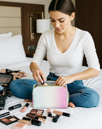 Aosbos Small Makeup Bag Travel Size Makeup Bag Cosmetic Travel Bag Makeup Bags for Women Makeup Pouch Cute Make Up Bag for Purse Gradient White Pink