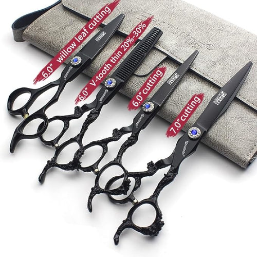 6+7 inch hair stylist barber scissors black plate dragon 440C hairdressing cutting scissors+thinning scissors (4PC)