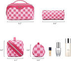 BOYATU Travel Makeup Bag for Women: Large Cosmetic Bag Set of 3 - PU Leather Make up Bag with Compartments - Compact Waterproof Toiletry Bag with Divider & Handle (D-4-Red)