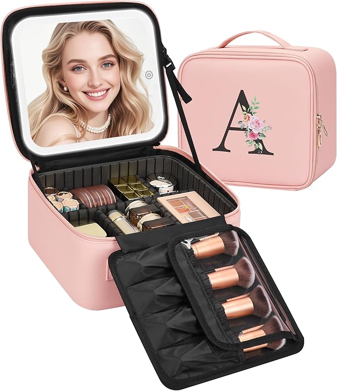 Relavel Initial Makeup Bag with LED Mirror for Women Girls, Personalized Travel Cosmetic Organizer Train Case, Birthday Gifts for Grandkids Bridesmaid Graduation Teacher Friends, Trendy Stuff, Pink A