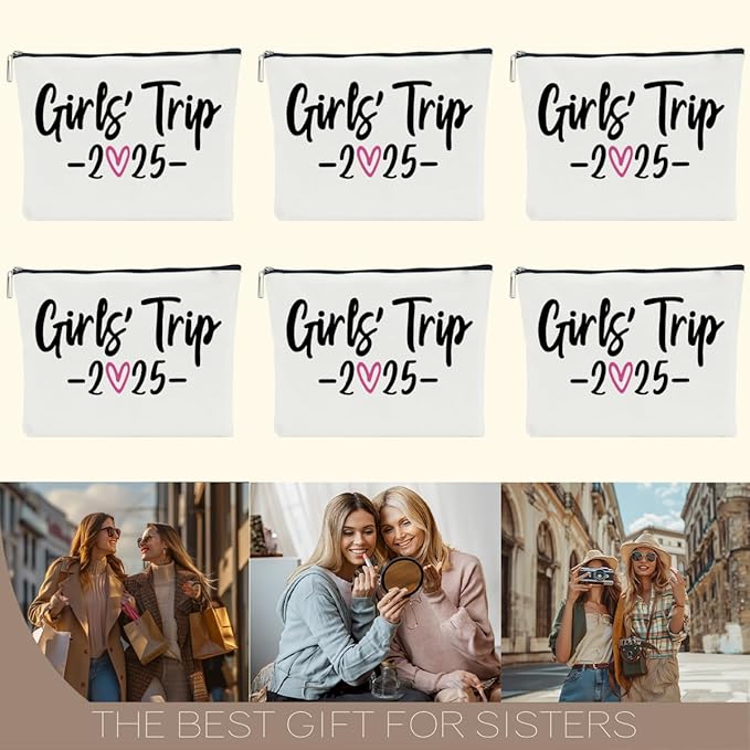 6 PCS 2025 Girls Trip Fashion Cosmetic Bags for Women - Travel Accessory - Canvas - Zipper - Adult Women - Unisex - 10 x 6 x 1.9 inches - Stain & Scratch Resistant