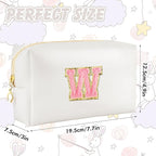 Initial Makeup Bag Personalized Preppy Travel Small Cosmetic Bag Cute PU White Chenille Letter Makeup Pouch for Purse Waterproof Zippered Toiletry Organizer for Women Girls Kids Friends (W)