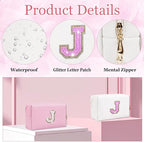 Glitter Initial Letter Makeup Bag, Small Personalized Sequins Letters PU Leather Cosmetic Bag Portable Waterproof Makeup Zipper Pouch, Shine Handbag Organizer Travel Bag Gifts for Women&Girls(White-J)