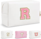 Small Travel Initial Preppy Makeup Bag, Personalized White Cute Cosmetic Organizer Chenille Letter Travel Toiltery Zipper Pouch, Waterproof PU Makeup Storage Gifts for Female Teacher Friend(Letter R)