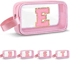 Initial Makeup Bag,Letter E Cute Clear Monogrammed Cosmetic Travel Bag for Womens Girls,Personalized Pink Aesthetic Traveling Make Up Organizer Bag for Beach,Waterproof Toiletry Bag