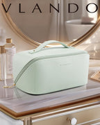 Vlando Makeup Bag,Large Capacity Toiletry Bag for Women Waterproof Portable Make up Pouch PU Leather Open Flat Cosmetic Bag(Mint Green)