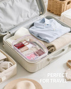 Narwey TSA Approved Clear Toiletry Bag for Travel, Waterproof PVC Clear Makeup Bags, Portable Compact Cosmetic Bag Make Up Organizer, Airport Airline Quart Size Compliant Bag (Dusty Pink Stripe)