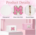 Small Personalized Glitter Initial Letter Makeup Bag, Cute PU Leather Chenille Letters Cosmetic Bag Travel Makeup Pouch, Preppy Travel Organizer Zipper Pouch for Women&Girls（WhiteRosePink-M）