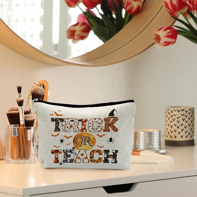 Halloween Makeup Bag for Teacher, Halloween Teacher Gifts for Women, Halloween Spider Bat Cosmetic Bags for Women, Funny Trick or Teach Makeup Pouch, Halloween Funny Makeup Bag