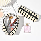 SOIDRAM Makeup Bag Corduroy Cosmetic Bag White Stripe Makeup Pouch 1Pcs Large Capacity Makeup Bags and 1Pcs Makeup Brushes Storage Bag Travel Toiletry Bag Organizer