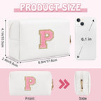 Personalized Initial Preppy Makeup Bag Organizer, White Small Travel Cosmetic Bag Monogram Toiletry Zipper Pouch for Women, PU Leather Waterproof Makeup Case Proposal Gift for Brides Female(Letter P)