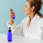 Wedama 4 oz Mini Glass Spray Bottles, Empty Small Spray Bottles with Funnel Dropper, Fine Mist for Hair, Travel, Plants, Cleaning Solutions and Skin Care (4 Pack Blue)