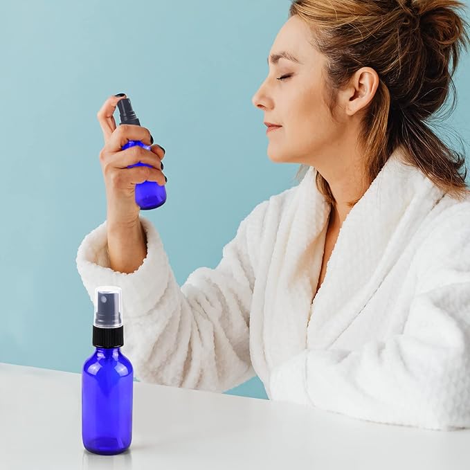 Wedama Mini Glass Spray Bottles 2 oz, Empty with Funnel Dropper, Fine Mist for Hair, Travel, Plants, Cleaning Solutions and Skin Care (4 Pack Blue)