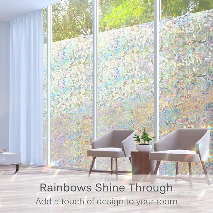Volcanics Window Privacy Film with Installation Tools, Static Window Clings Vinyl 3D Decals Stickers Rainbow Window Film for Glass Door Heat Control Anti UV 17.5 x 78.7 Inches