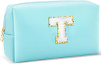 Gifts for Girls Initial Makeup Bag Personalized Cosmetic Bag with Zipper Cute Travel Toiletry Bag Waterproof PU Preppy Makeup Pouch Birthday Gift for Teen Girls Women(Blue T)