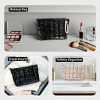Puffer Quilted Makeup Bag Travel Cosmetic Bag Portable Puffy Checkered Toiletry Pouch Skincare Organizer Purse Pencil Case (Pink)