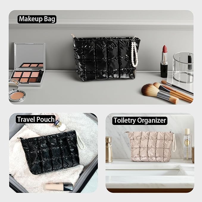 Puffer Quilted Makeup Bag Travel Cosmetic Bag Portable Puffy Checkered Toiletry Pouch Skincare Organizer Purse Pencil Case (Champagne Gold)