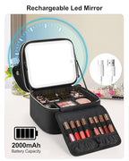 Relavel Makeup Bag with LED Mirror, Small Travel Makeup Case with Rechargeable Lighted Mirror 3 Color Lights, Double Layer Cosmetic Box Makeup Brush Lipstick Holder Organizer for Women, Black