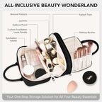 Travel Makeup Bag for Women Fashion Large Capacity Pouch Open Flat Cosmetic Portable Organizer Waterproof Large Opening Storage Toiletry Bags Vertical Free-Standing Brush Holder for Easy Access Black