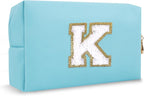Personalized Small Preppy Makeup Bag, Chenille Letter Blue Initial Cosmetic Zipper Pouch Travel Toiletry Organizer, Waterproof PU Leather Make Up Case Travel Essentials for Women Friendship(Letter K)