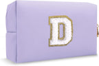 Personalized Chenille Letter Preppy Makeup Bag, Mini Cute Purple Initial Cosmetic Bags Travel Toiletry Zipper Pouch Makeup Storage, Waterproof Make Up Case Travel Essentials for Women Female(Letter D)