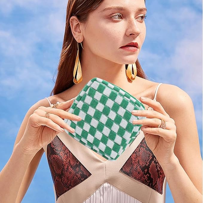Small Green Makeup Bag for Purse, Mini Checkered Cosmetic Bag Zipper Cute Make Up Pouch Travel Toiletry Bag Quilted Aesthetic Accessories Makeup Storage Bag Organizer for Women Girls