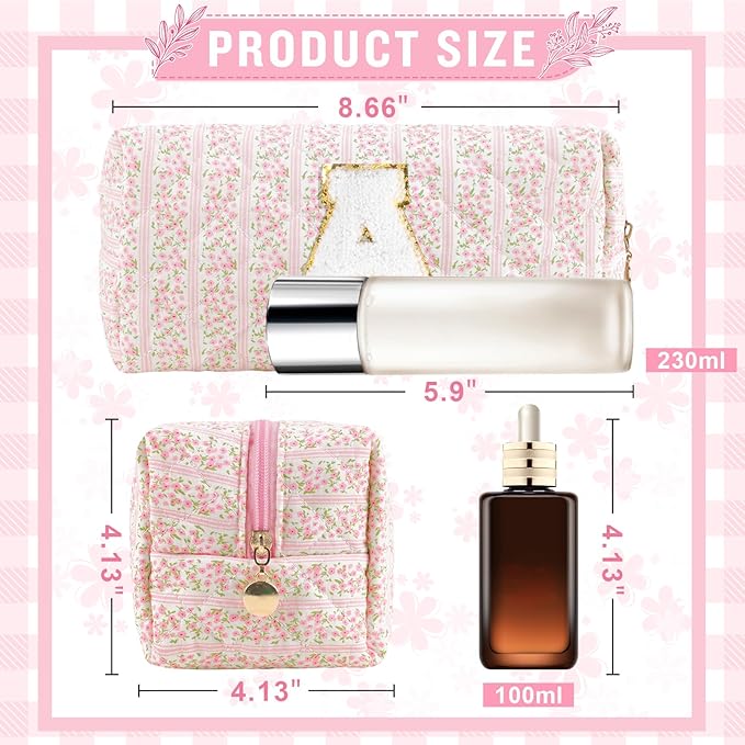 Personalized Quilted Cosmetic Bag, Puffy Monogrammed Christmas Birthday Gifts for Women & Girls, Cute initial Floral Makeup Bag Puffer Coquette Bag, Aesthetic Travel Toiletry Zipper Pouch(Pink,A)