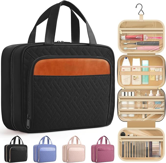 HOTOR Travel Toiletry Bag for Women & Men, Waterproof Makeup Bag with Hanging Hook and Multiple Pockets, Cosmetic Bags for Women, Travel Essentials, 11.2'' x 3.2'' x 8.9'', Black & Brown