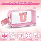 Initial Makeup Bag,Letter U Cute Clear Monogrammed Cosmetic Travel Bag for Womens Girls,Personalized Pink Aesthetic Traveling Make Up Organizer Bag for Beach,Waterproof Toiletry Bag