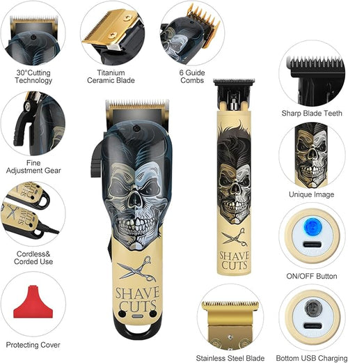 BESTBOMG® Hair Clippers & Trimmer Ceramic T-Blade Cordless Haircut Sets Rechargeable with 10 Guide Combs & for Men/Father/Husband/Boyfriend