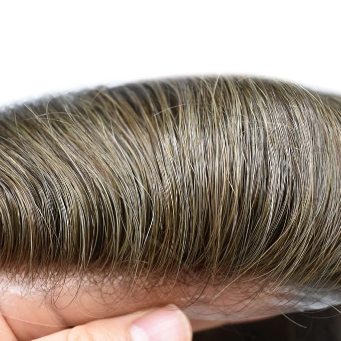 FACE MIRACLE Mens Toupee Lace Front Hairpieces Soft Human Hair Replacement System Natural Hairline Toupee for Men French Lace Poly V-Looped Mens hair Units 8"X10" 5#MEDIUM LIGHT BROWN